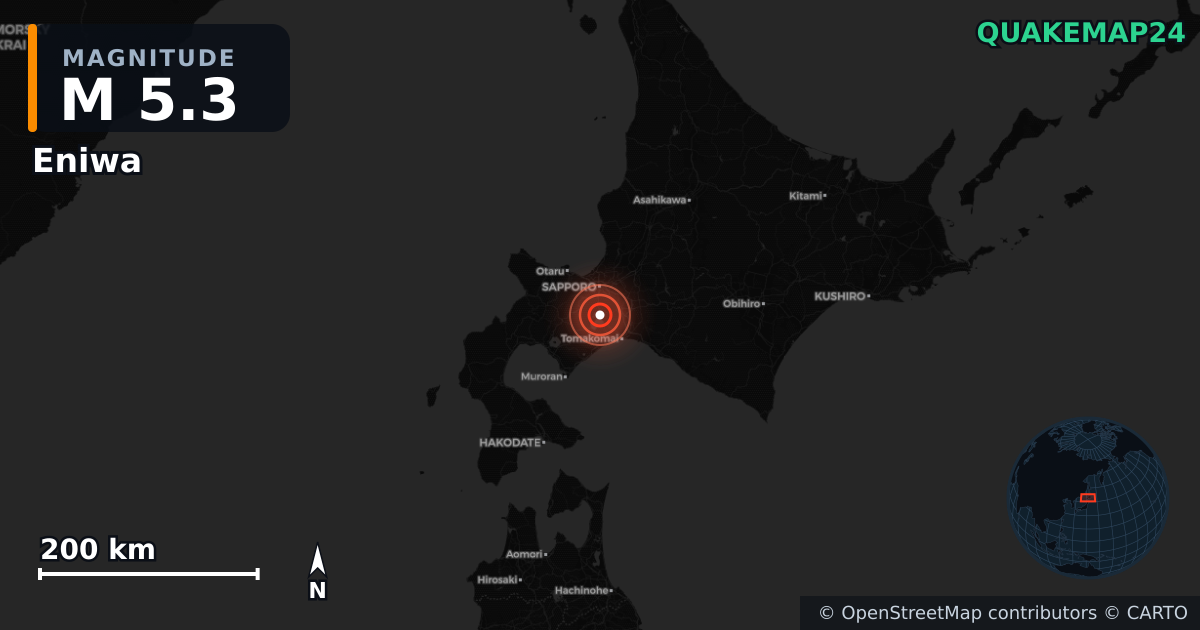 M5.3 earthquake near Eniwa on Aug 1, 2026 — map of epicenter and shaking intensity | QuakeMap24
