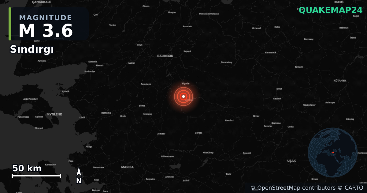 M3.6 earthquake near Sındırgı on Sep 4, 2025 — map of epicenter and shaking intensity | QuakeMap24