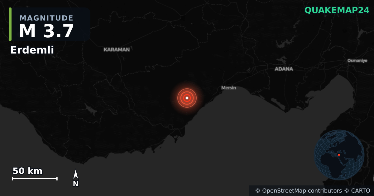 M3.7 earthquake near Erdemli on Jan 21, 2026 — map of epicenter and shaking intensity | QuakeMap24