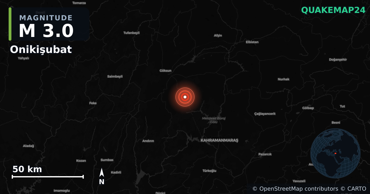 M3.0 earthquake near Onikişubat on Apr 22, 2026 — map of epicenter and shaking intensity | QuakeMap24