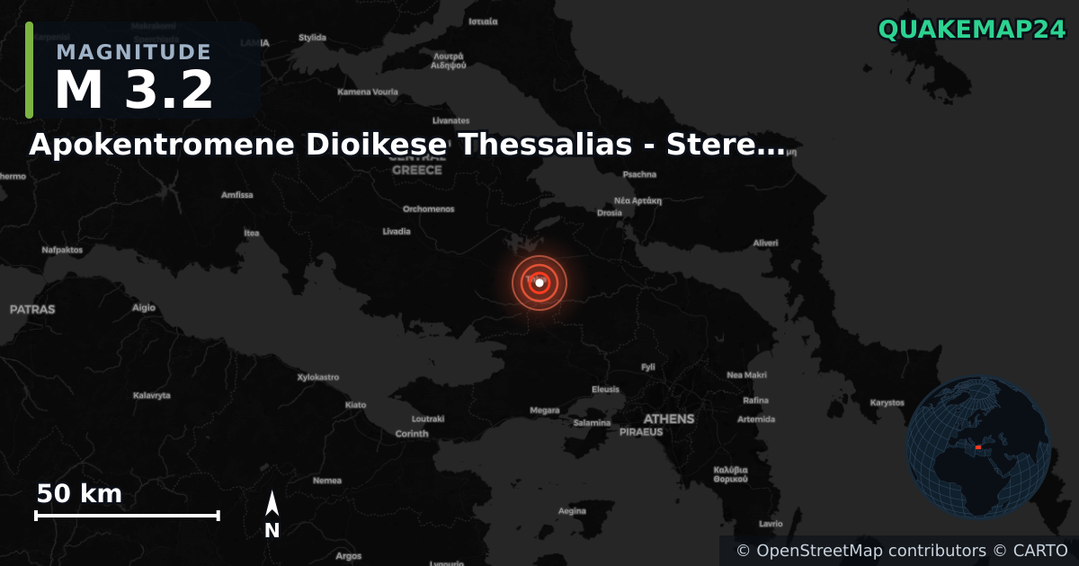 M3.2 earthquake near Apokentromene Dioikese Thessalias - Stereas Ellados on Sep 10, 2025 — map of epicenter and shaking intensity | QuakeMap24