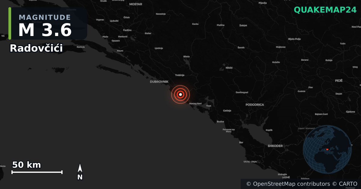 M3.6 earthquake near Radovčići on May 22, 2025 — map of epicenter and shaking intensity | QuakeMap24