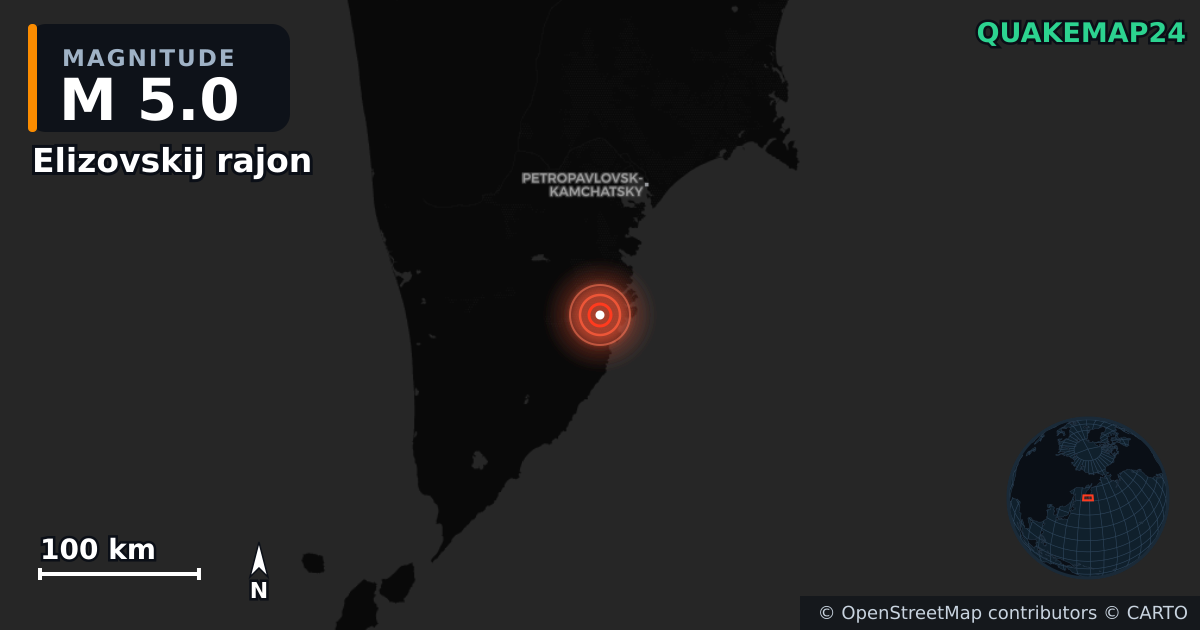 M5.0 earthquake near Elizovskij rajon on Mar 1, 2026 — map of epicenter and shaking intensity | QuakeMap24