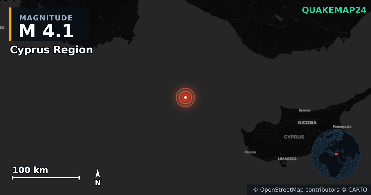 M4.1 earthquake near Cyprus Region on Jul 18, 2025 — map of epicenter and shaking intensity | QuakeMap24