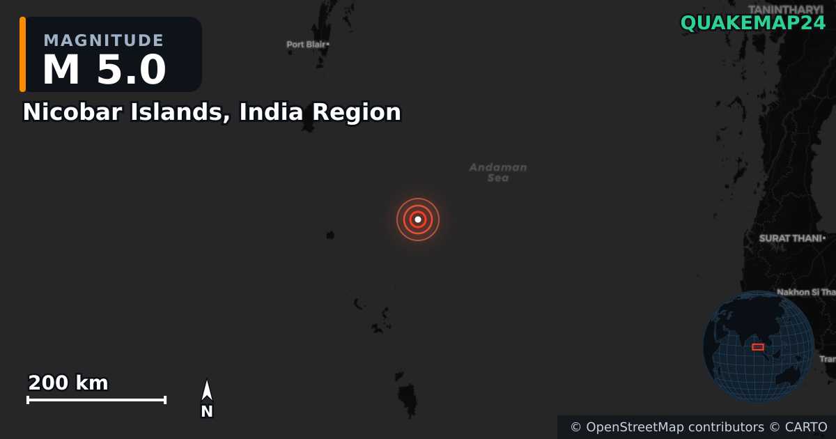 Nicobar Islands, India Region yakınında M5,0 deprem · 2025-06-24 — Deprem merkez üssünün konumunu gösteren harita