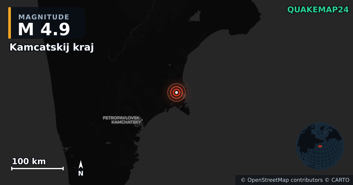 M4.9 earthquake near Kamcatskij kraj on Sep 22, 2025 — map of epicenter and shaking intensity | QuakeMap24