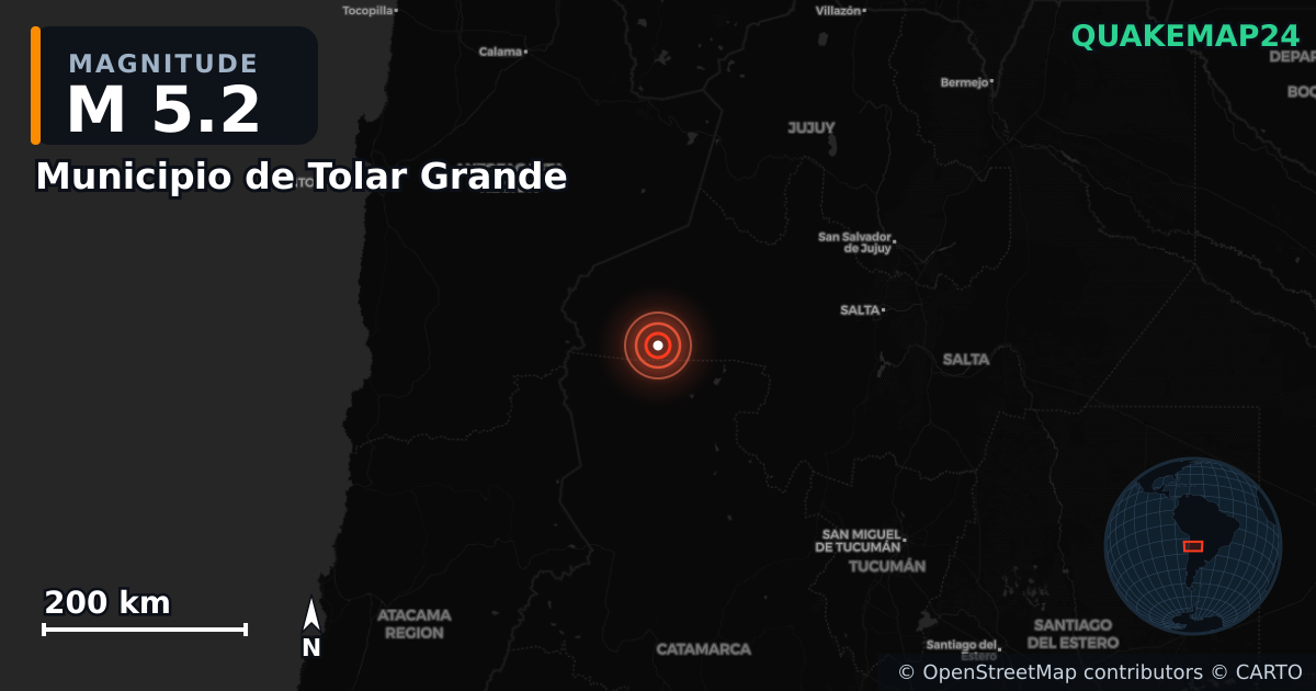M5.2 earthquake near Municipio de Tolar Grande on Jul 27, 2026 — map of epicenter and shaking intensity | QuakeMap24