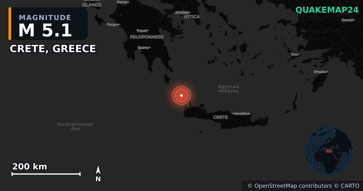 M5.1 earthquake near CRETE, GREECE on Jul 23, 2025 — map of epicenter and shaking intensity | QuakeMap24