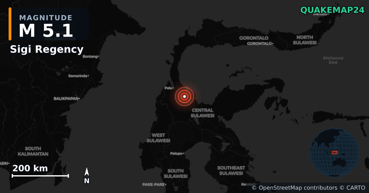 M5.1 earthquake near Sigi Regency on Jun 16, 2026 — map of epicenter and shaking intensity | QuakeMap24