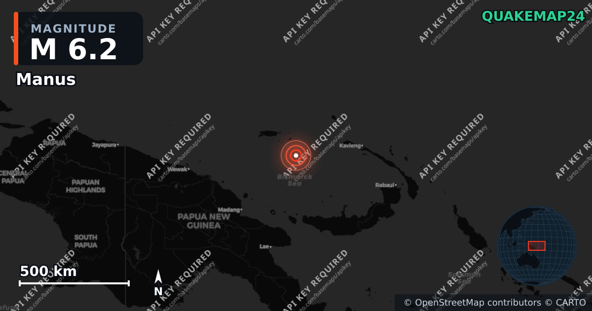 M6.2 earthquake near Manus on Oct 10, 2025 — map of epicenter and shaking intensity | QuakeMap24