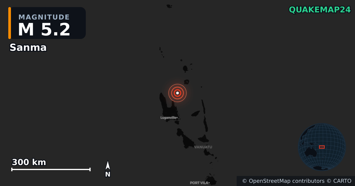 M5.2 earthquake near Sanma on Dec 23, 2025 — map of epicenter and shaking intensity | QuakeMap24