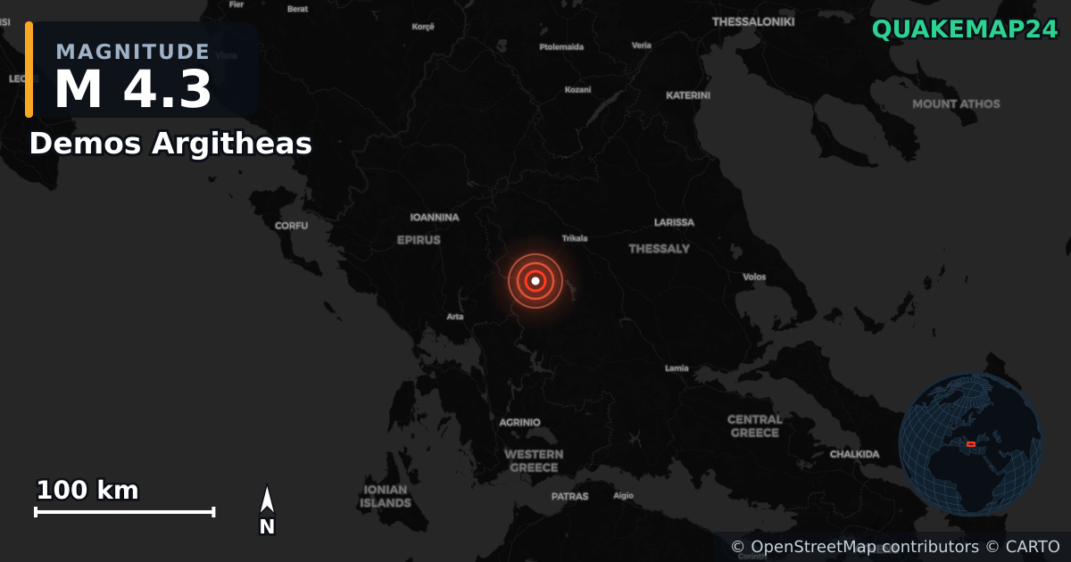 Σεισμός M4,3 κοντά στο Δήμος Αργιθέας, Περιφέρεια Θεσσαλίας (Ελλάδα) · 2026-03-12 — Χάρτης της θέσης του επικέντρου