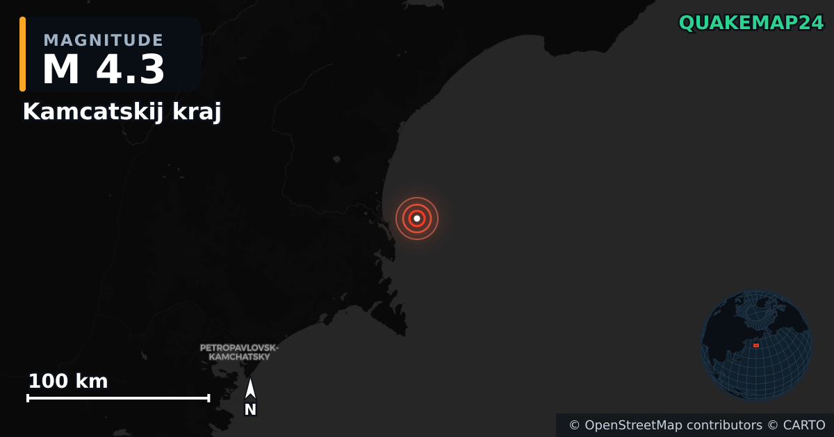 M4.3 earthquake near Kamcatskij kraj on Sep 21, 2025 — map of epicenter and shaking intensity | QuakeMap24