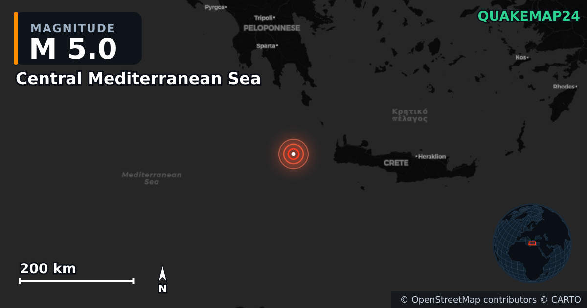 M5.0 Earthquake near Central Mediterranean Sea · 2025-11-11 — Map showing the location of the epicenter
