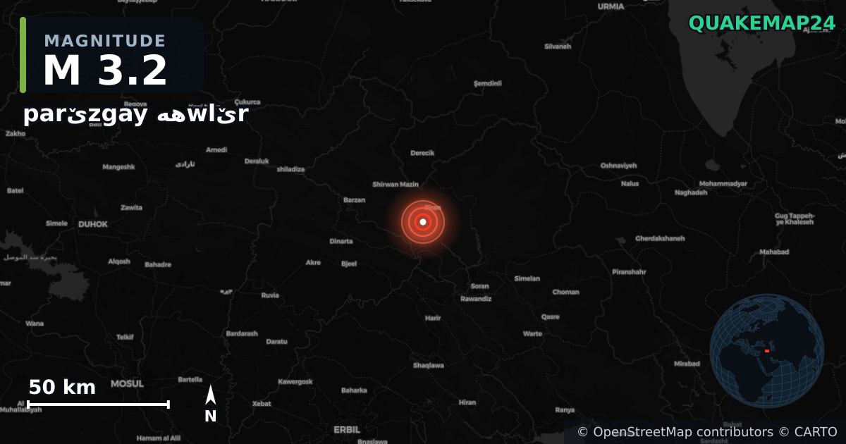 M3.2 earthquake near parێzgay ھەwlێr on Oct 26, 2025 — map of epicenter and shaking intensity | QuakeMap24