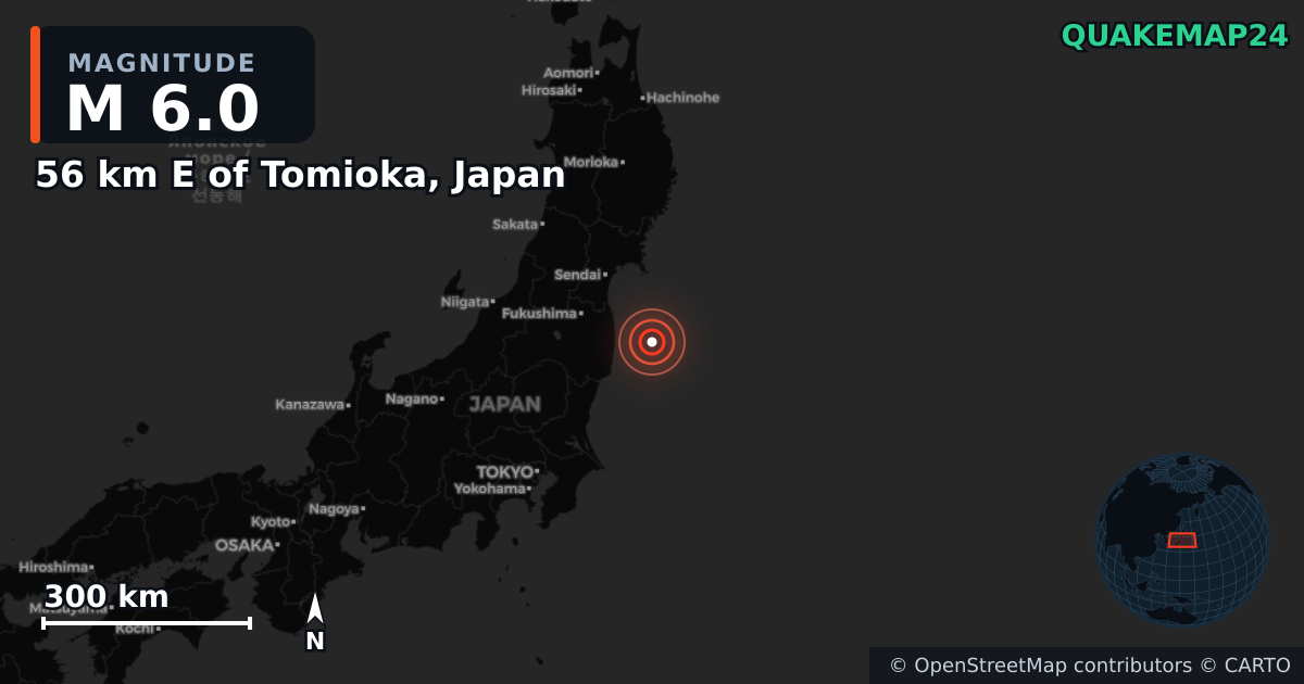 M6.0 earthquake near 56 km E of Tomioka, Japan on Oct 4, 2025 — map of epicenter and shaking intensity | QuakeMap24