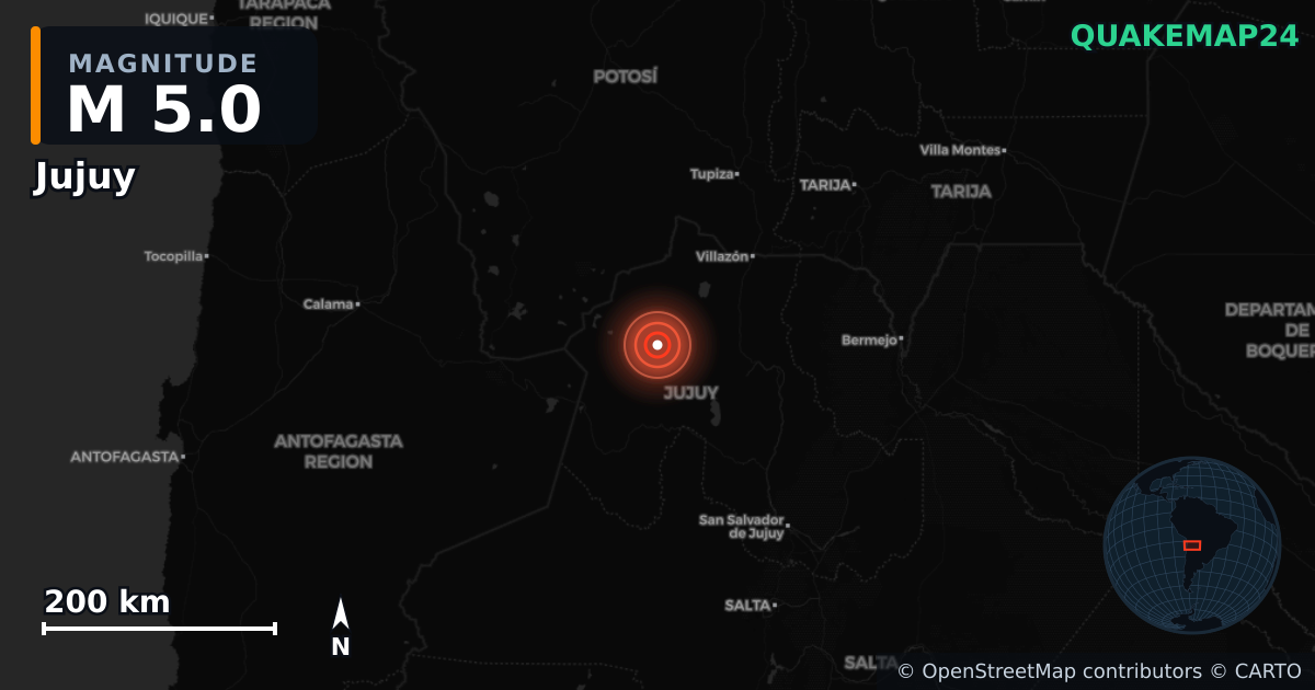 M5.0 earthquake near Jujuy on Aug 17, 2025 — map of epicenter and shaking intensity | QuakeMap24
