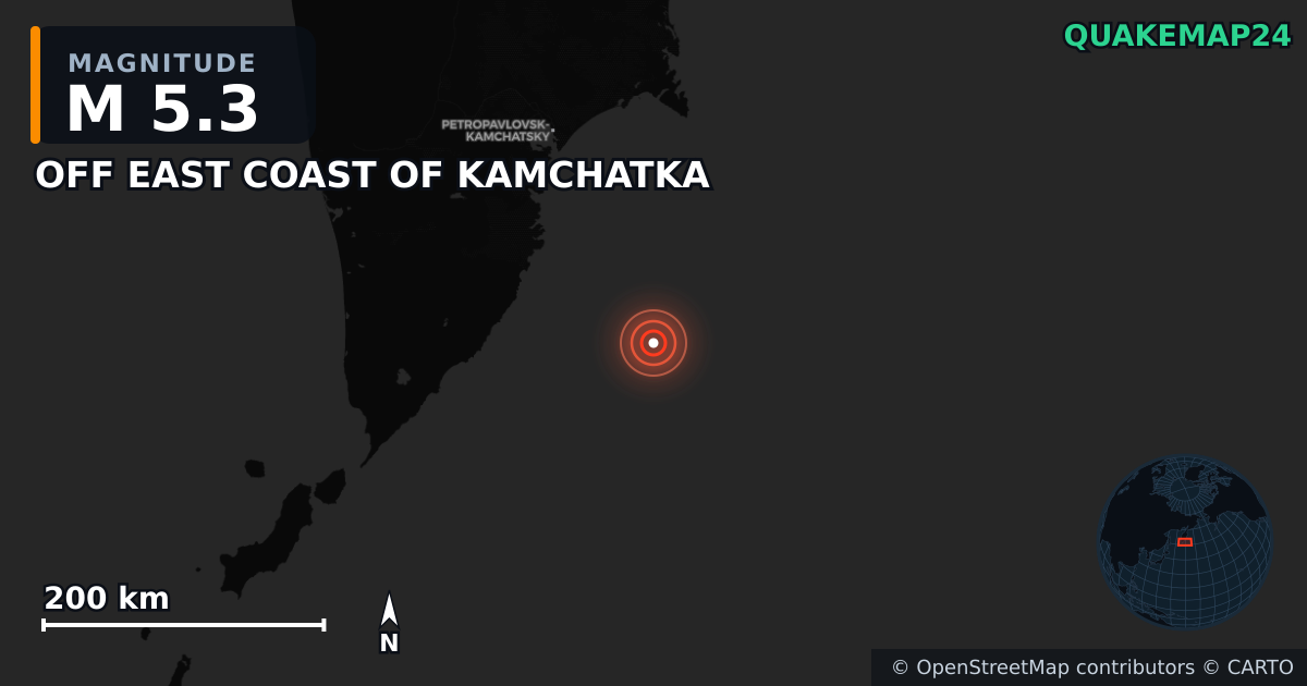 M5.3 earthquake near OFF EAST COAST OF KAMCHATKA on Sep 11, 2025 — map of epicenter and shaking intensity | QuakeMap24