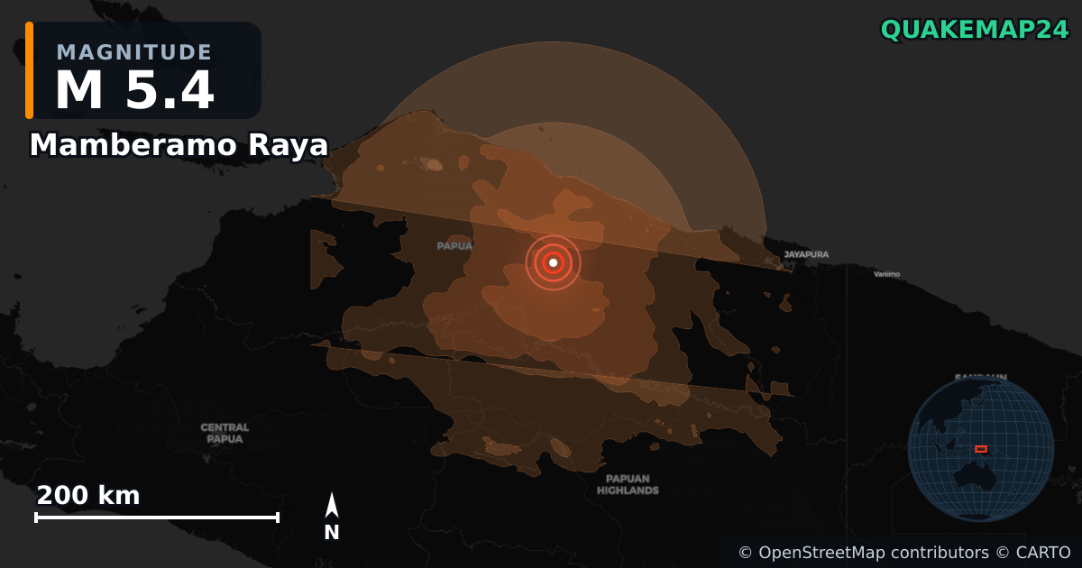 M5.4 earthquake near Mamberamo Raya on Jul 30, 2026 — map of epicenter and shaking intensity | QuakeMap24