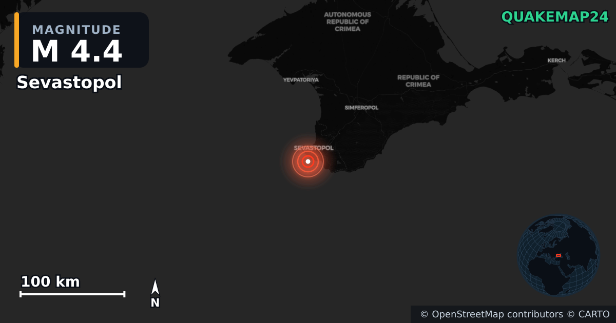M4.4 earthquake near Sevastopol on Jun 22, 2026 — map of epicenter and shaking intensity | QuakeMap24