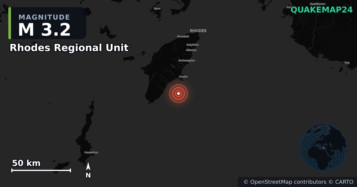 M3.2 earthquake near Rhodes Regional Unit on Aug 11, 2026 — map of epicenter and shaking intensity | QuakeMap24