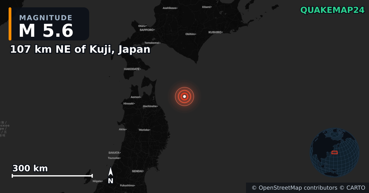 M5.6 earthquake near 107 km NE of Kuji, Japan on Dec 8, 2025 — map of epicenter and shaking intensity | QuakeMap24