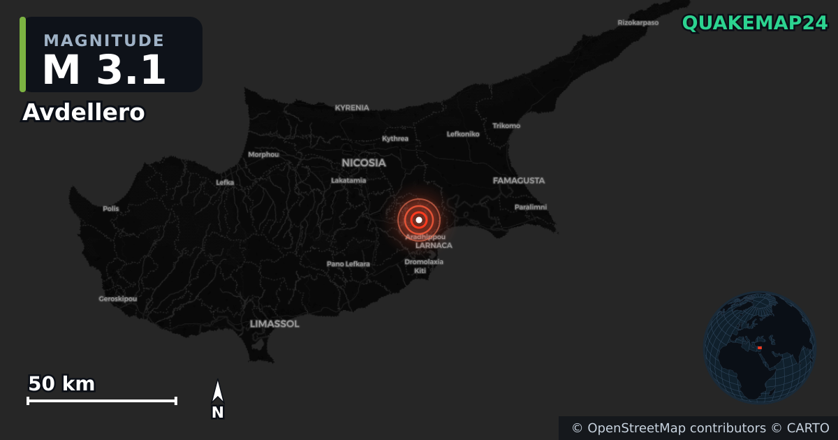 M3.1 earthquake near Avdellero on Dec 27, 2025 — map of epicenter and shaking intensity | QuakeMap24