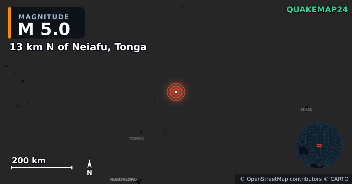 M5.0 earthquake near 13 km N of Neiafu, Tonga on Jan 28, 2025 — map of epicenter and shaking intensity | QuakeMap24