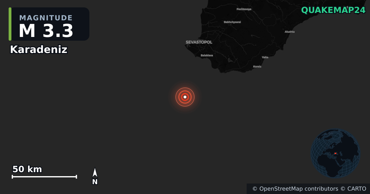 M3.3 earthquake near Karadeniz on Jun 22, 2026 — map of epicenter and shaking intensity | QuakeMap24