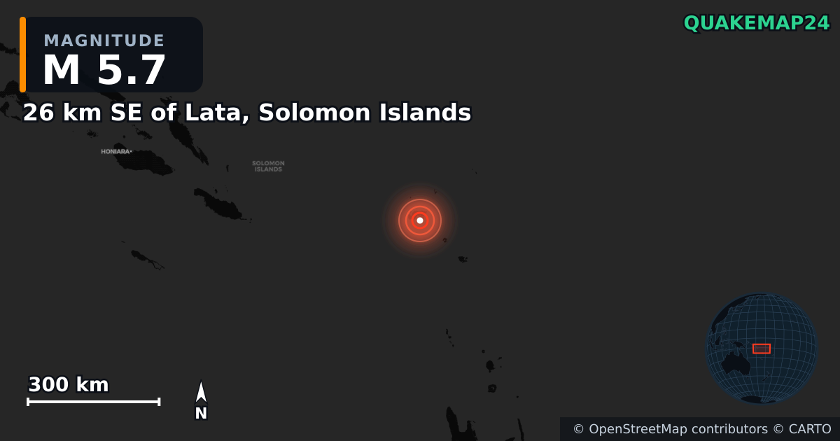M5.7 earthquake near 26 km SE of Lata, Solomon Islands on Jan 15, 2025 — map of epicenter and shaking intensity | QuakeMap24