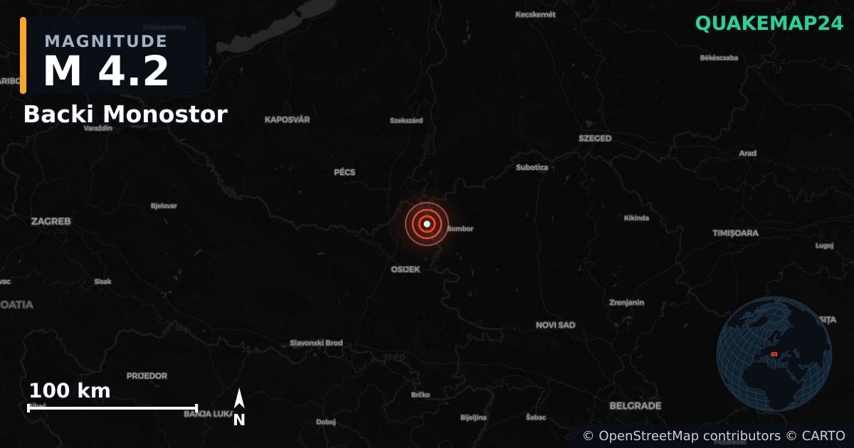 M4.2 earthquake near Backi Monostor on May 5, 2026 — map of epicenter and shaking intensity | QuakeMap24