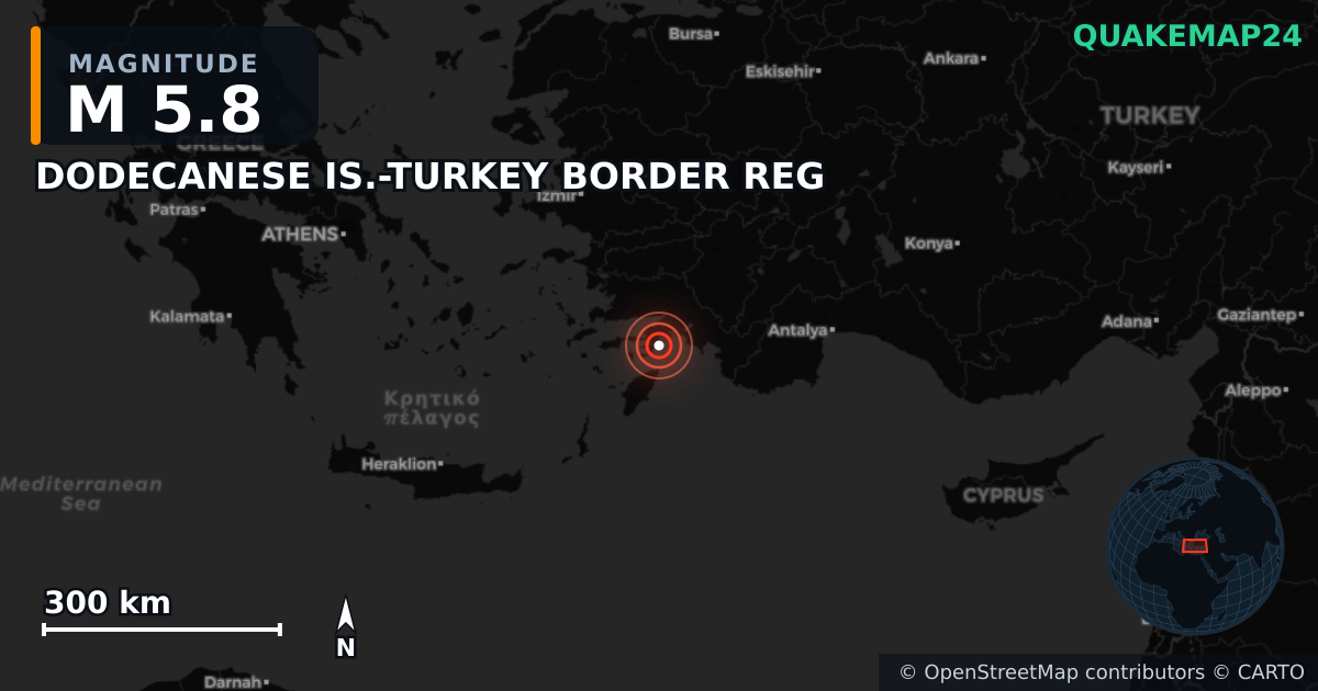 M5.8 earthquake near DODECANESE IS.-TURKEY BORDER REG on Jun 2, 2025 — map of epicenter and shaking intensity | QuakeMap24