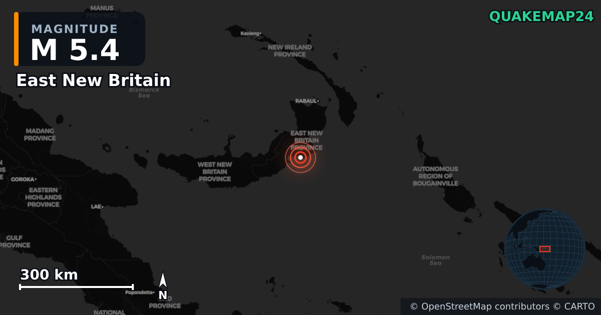 M5.4 earthquake near East New Britain on Dec 21, 2025 — map of epicenter and shaking intensity | QuakeMap24
