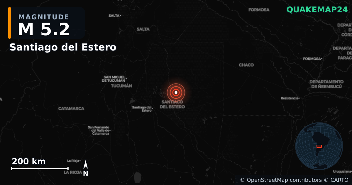 M5.2 earthquake near Santiago del Estero on Jul 9, 2025 — map of epicenter and shaking intensity | QuakeMap24