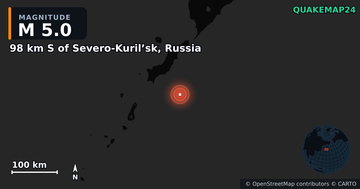 M5.0 earthquake near 98 km S of Severo-Kuril’sk, Russia on Aug 14, 2025 — map of epicenter and shaking intensity | QuakeMap24
