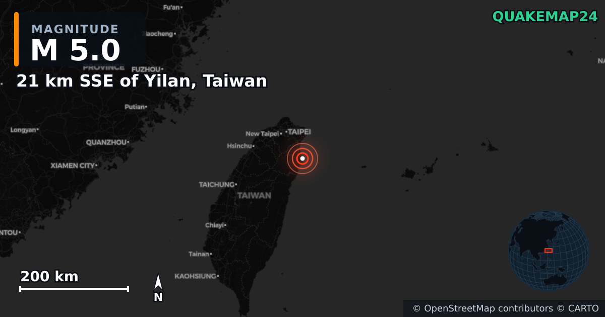 M5.0 earthquake near 21 km SSE of Yilan, Taiwan on Apr 9, 2025 — map of epicenter and shaking intensity | QuakeMap24