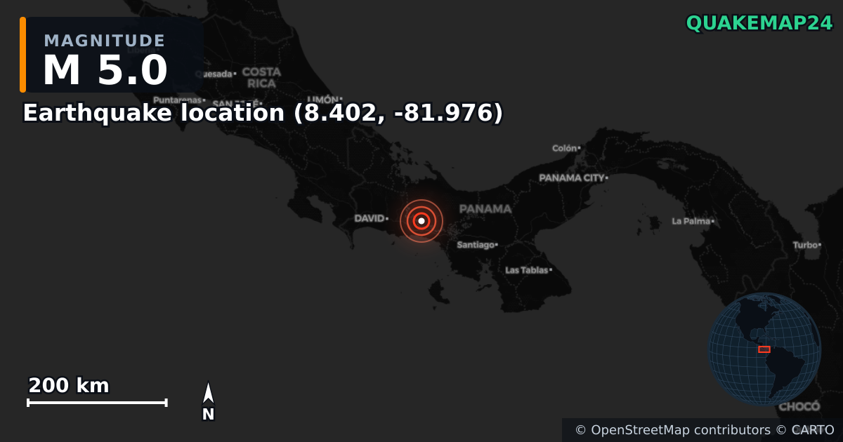 M5.0 earthquake near Deprem konumu (8.402, -81.976) on Jun 7, 2025 — map of epicenter and shaking intensity | QuakeMap24