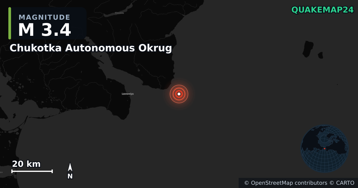M3.4 earthquake near Chukotka Autonomous Okrug on Aug 13, 2026 — map of epicenter and shaking intensity | QuakeMap24