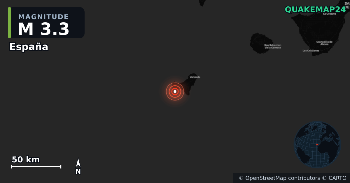 M3.3 earthquake near España on Jan 20, 2026 — map of epicenter and shaking intensity | QuakeMap24