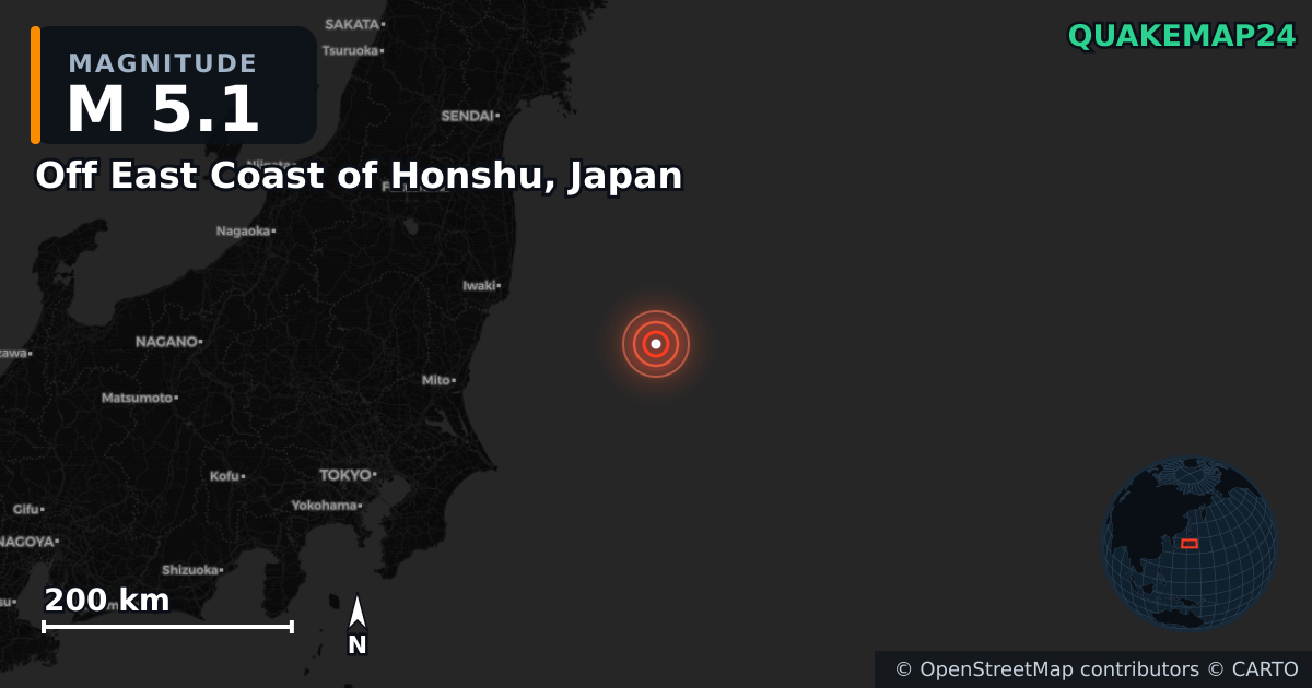M5.1 earthquake near Off East Coast of Honshu, Japan on Jul 4, 2025 — map of epicenter and shaking intensity | QuakeMap24