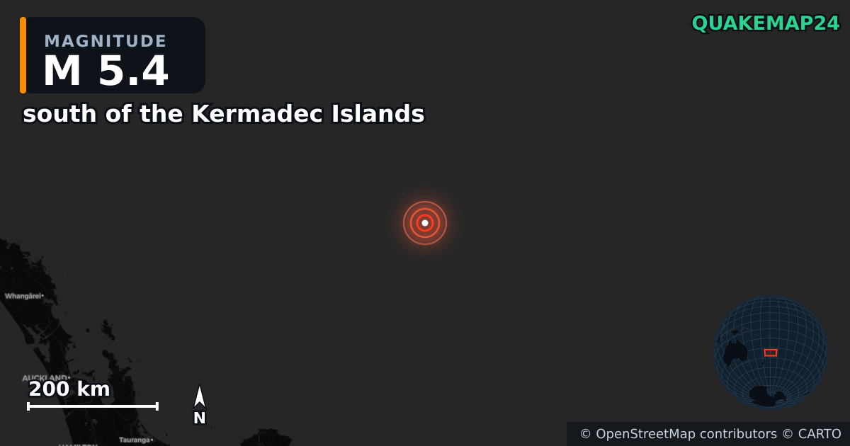 M5.4 earthquake near south of the Kermadec Islands on Apr 24, 2026 — map of epicenter and shaking intensity | QuakeMap24