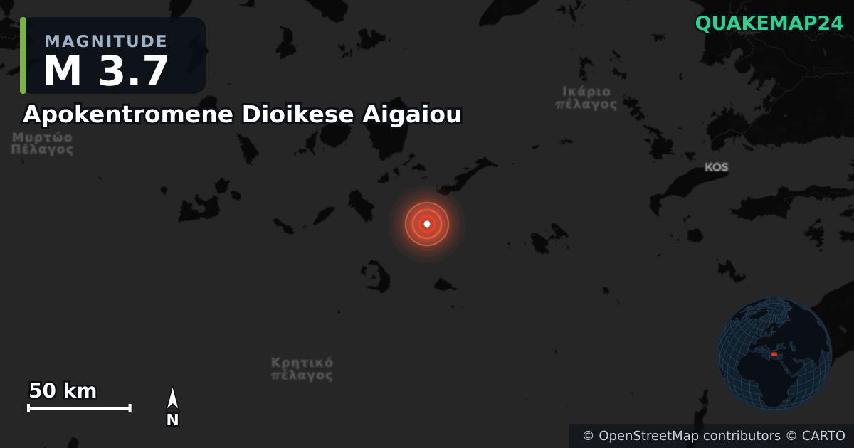 M3.7 earthquake near Apokentromene Dioikese Aigaiou on May 2, 2025 — map of epicenter and shaking intensity | QuakeMap24