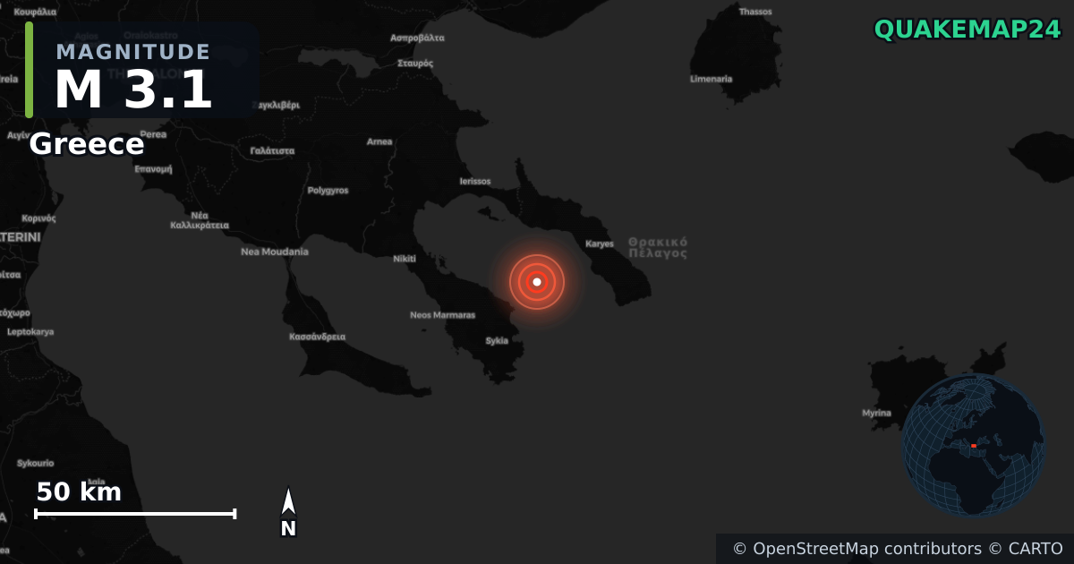 M3.1 earthquake near Greece on Apr 11, 2026 — map of epicenter and shaking intensity | QuakeMap24