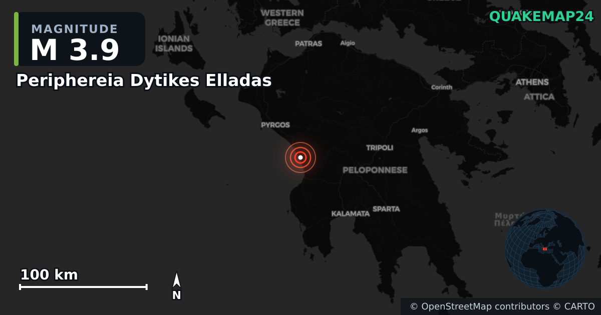 M3.9 earthquake near Periphereia Dytikes Elladas on Jan 3, 2026 — map of epicenter and shaking intensity | QuakeMap24
