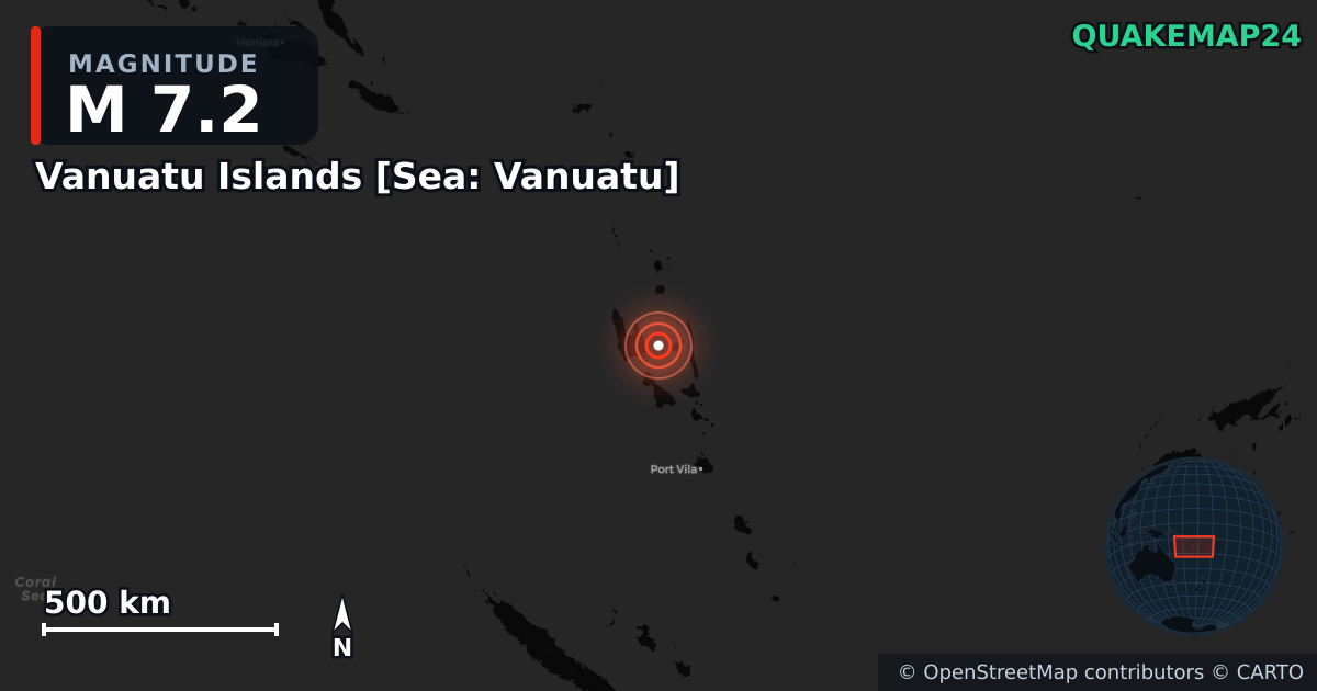 M7.2 earthquake near Vanuatu Islands [Sea: Vanuatu] on Mar 30, 2026 — map of epicenter and shaking intensity | QuakeMap24