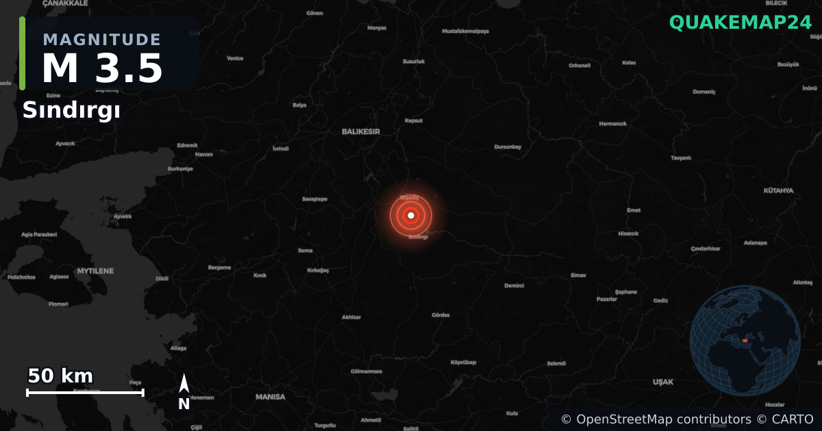 M3.5 earthquake near Sındırgı on Aug 18, 2025 — map of epicenter and shaking intensity | QuakeMap24