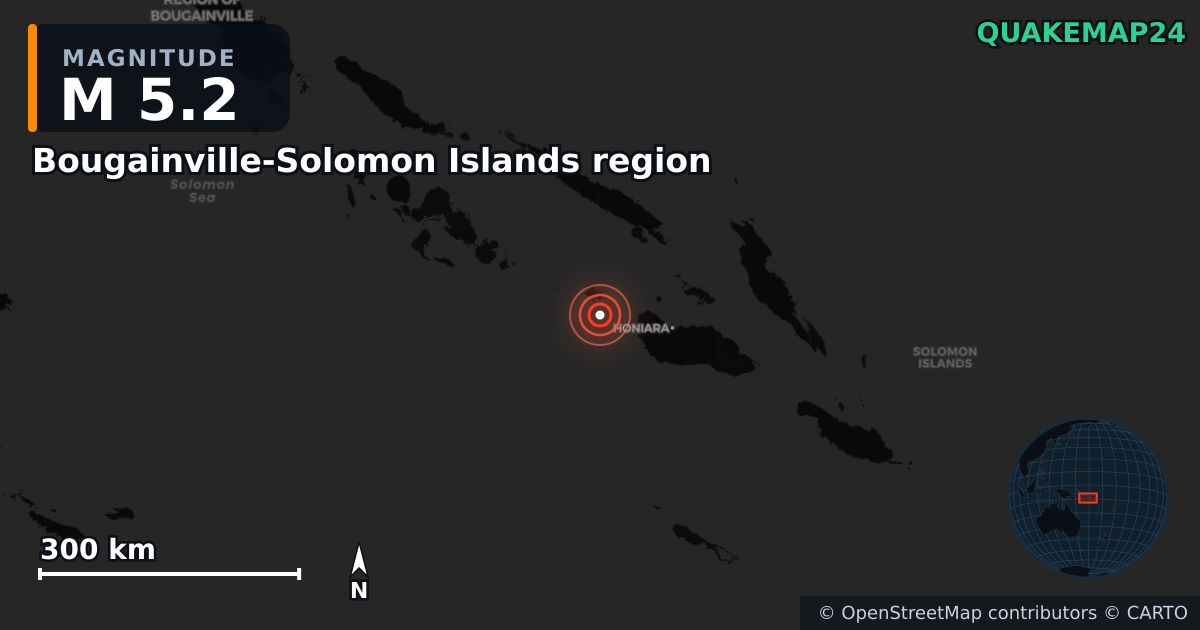 M5.2 earthquake near Bougainville-Solomon Islands region on May 11, 2026 — map of epicenter and shaking intensity | QuakeMap24
