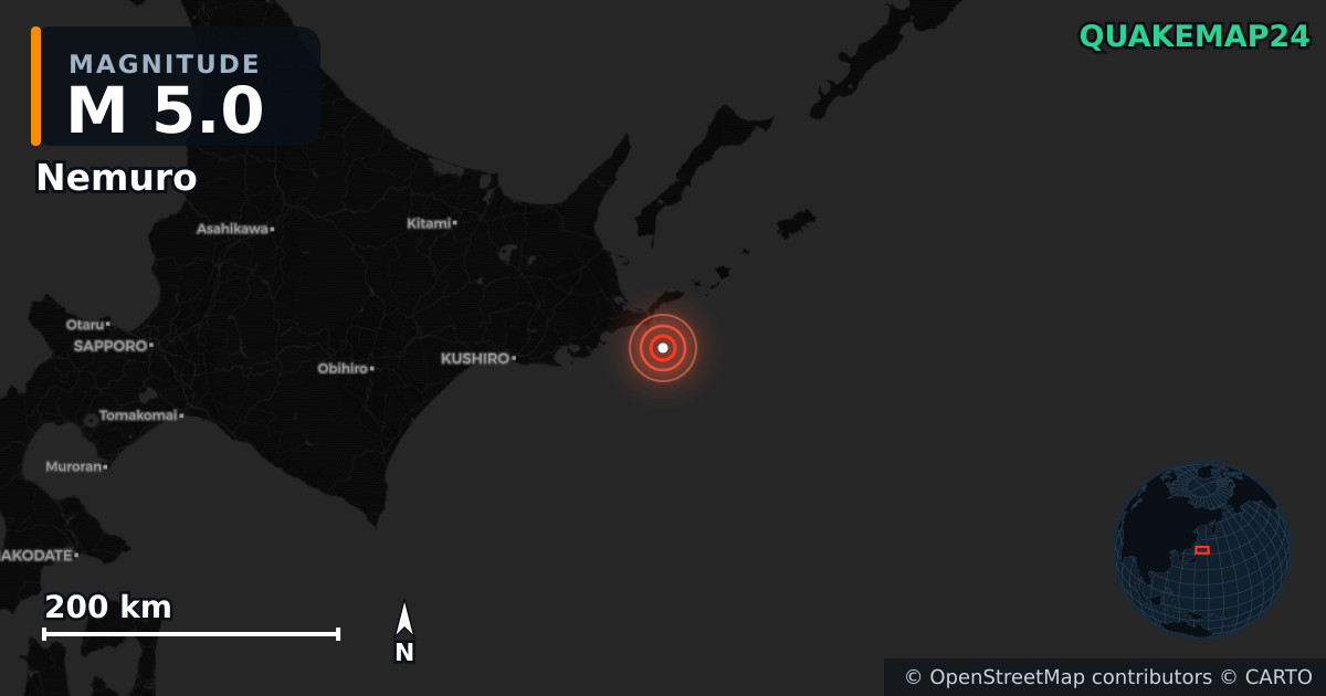M5.0 earthquake near Nemuro on Aug 25, 2026 — map of epicenter and shaking intensity | QuakeMap24