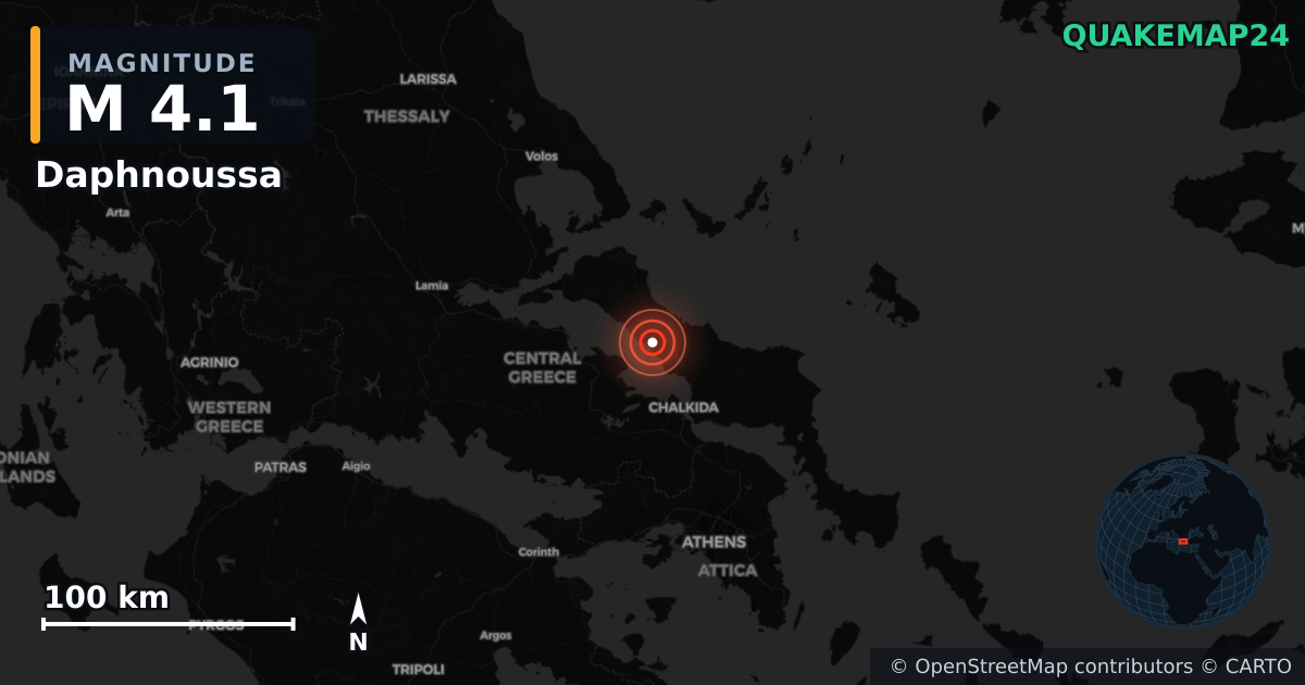 M4.1 earthquake near Daphnoussa on Jun 23, 2026 — map of epicenter and shaking intensity | QuakeMap24