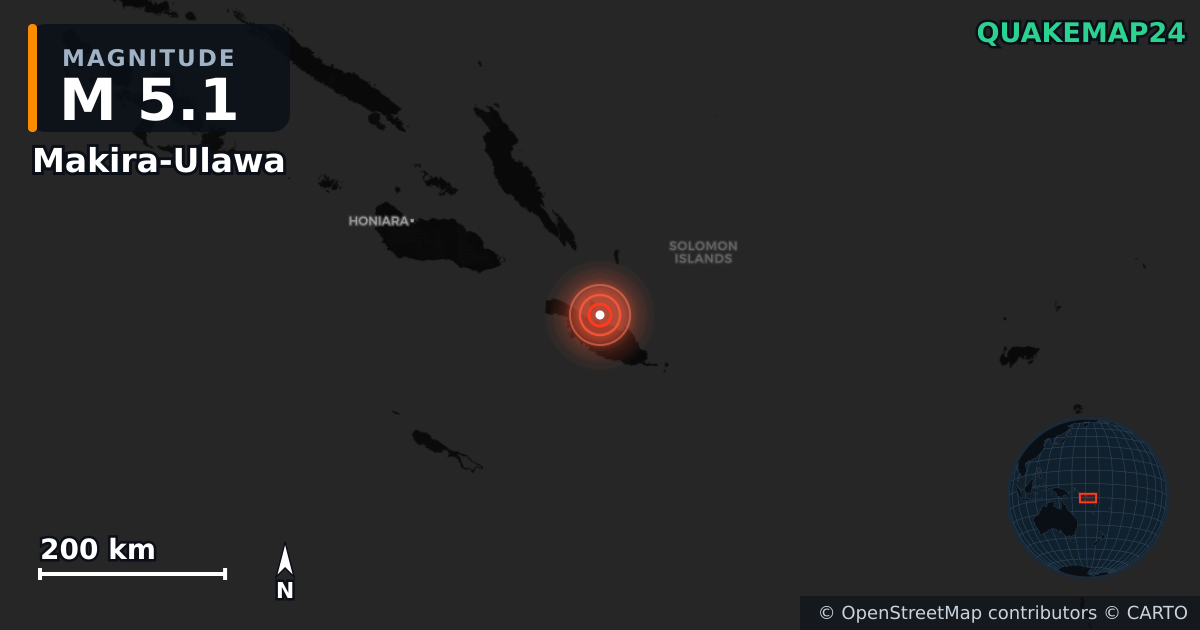 M5.1 earthquake near Makira-Ulawa on Jul 17, 2026 — map of epicenter and shaking intensity | QuakeMap24
